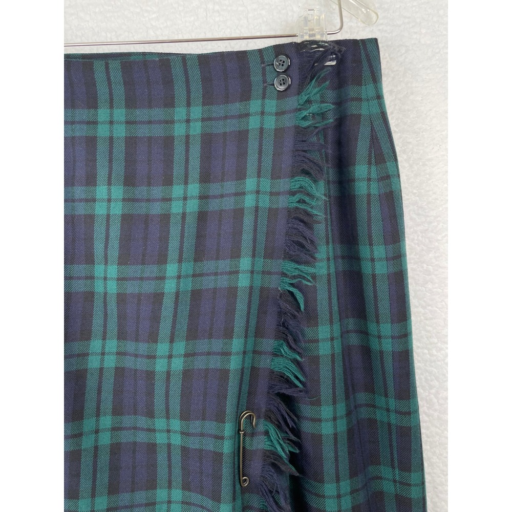 Rafaella Petites Wool Wrap Skirt Black Watch Plaid Fringed Midi Green Navy 12P - Picture 2 of 10